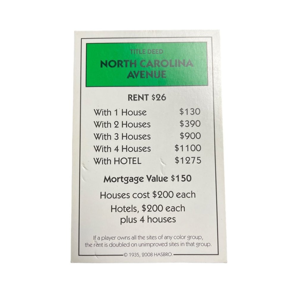 Monopoly Here Now North Carolina Ave Property Title Deed Card Replacement 2008 u
